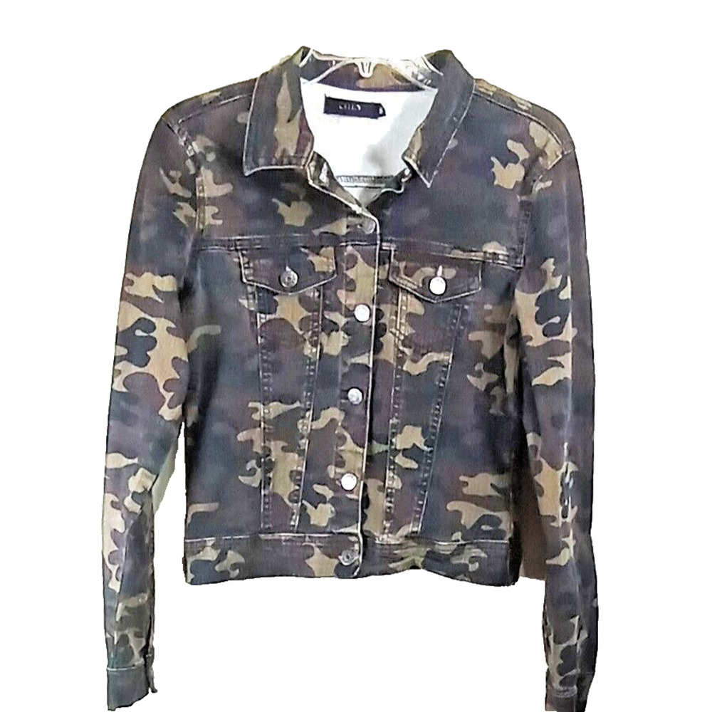 Cello Women's Camo Denim Jacket Cropped Button Front Camouflage Jean Coat Small